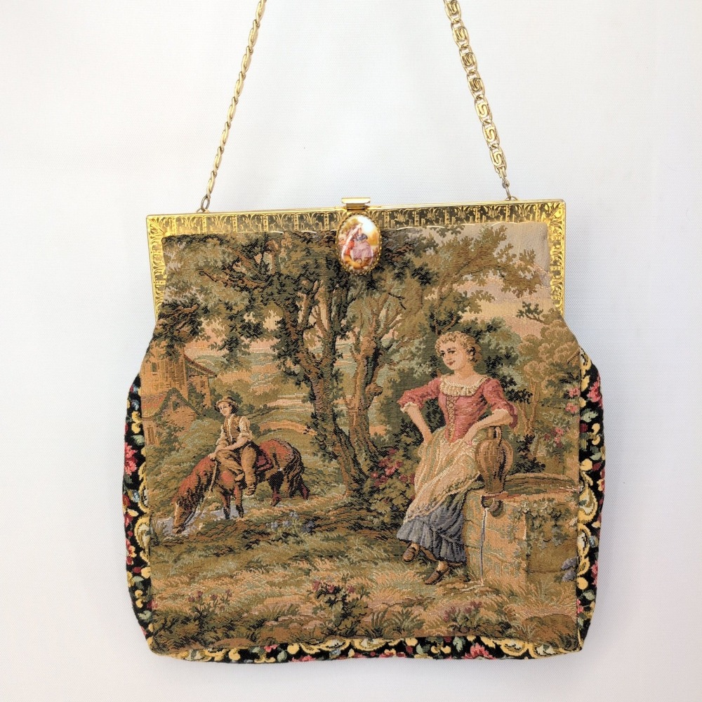 Vintage Tapestry Handbag Multicolor Scenic Pastoral Gold Frame Cameo Clasp